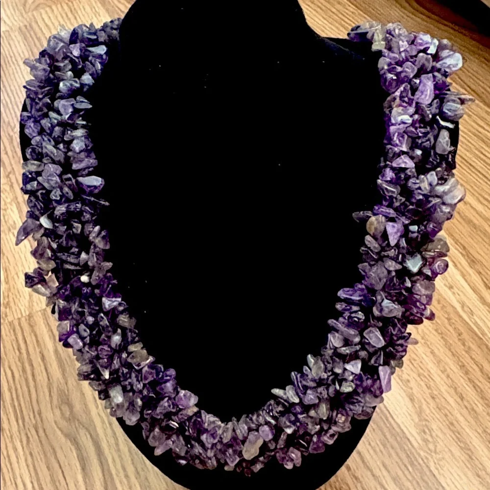 VINTAGE NATURAL PURPLE AMETHYST CLUSTERED CHIPS BIB TOGGLE CLASP 19" NECKLACE - Picture 8 of 9
